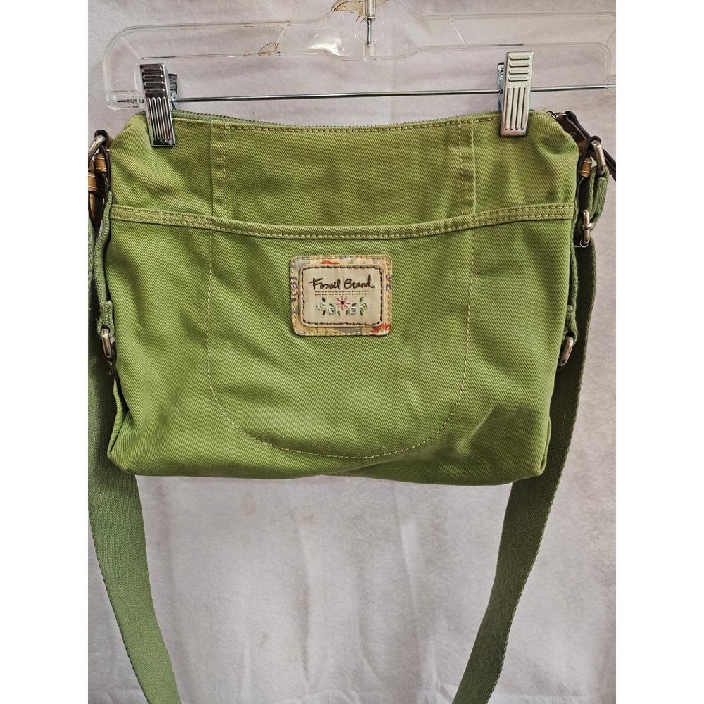 Fossil Brand Green Canvas Crossbody Bag Floral Patch Front Pocket Zip Top